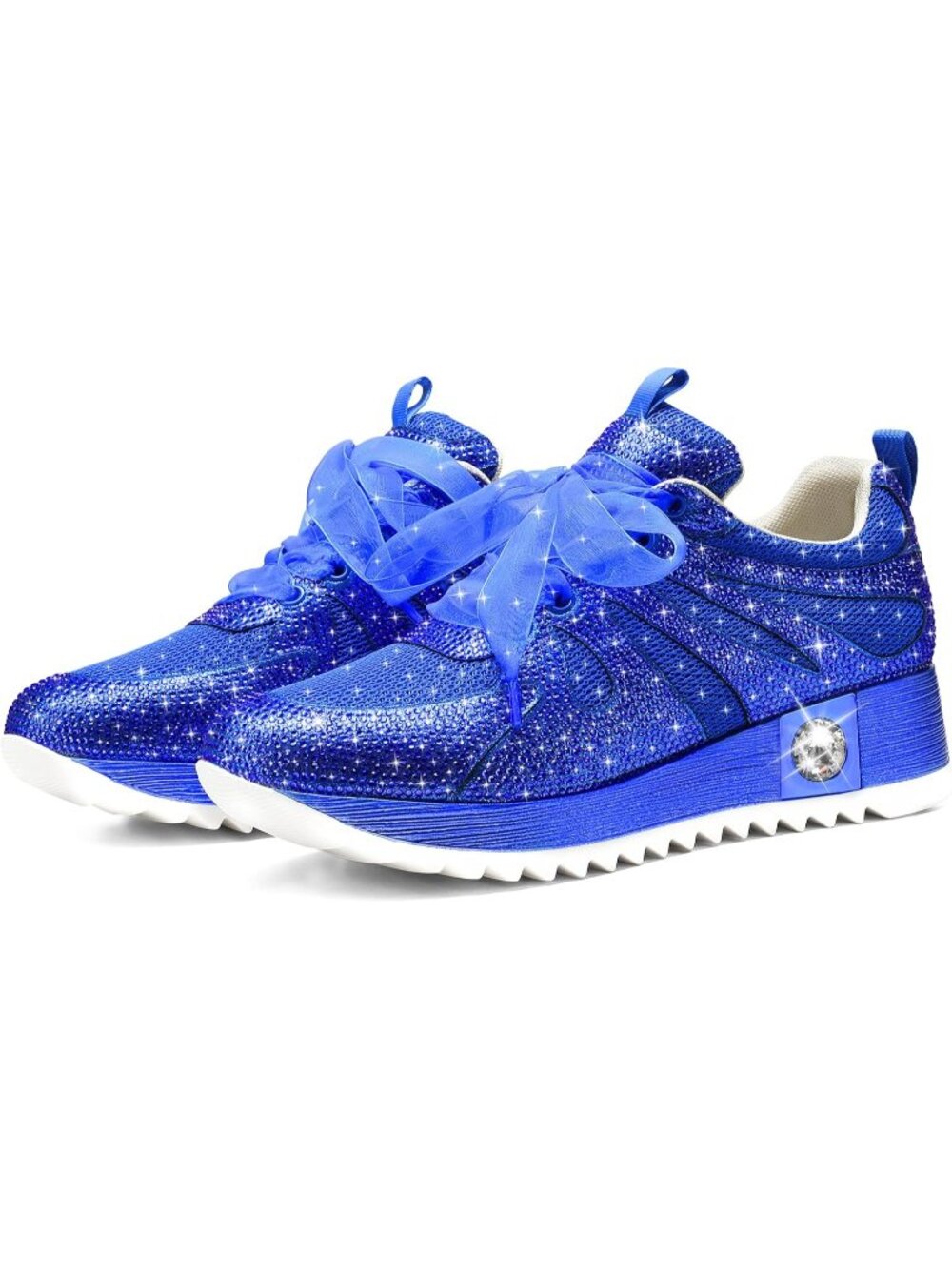 Women's Blue Glitter Sneakers Platform Wedge Shoes Sparkly Rhinestone - Picture 6 of 6